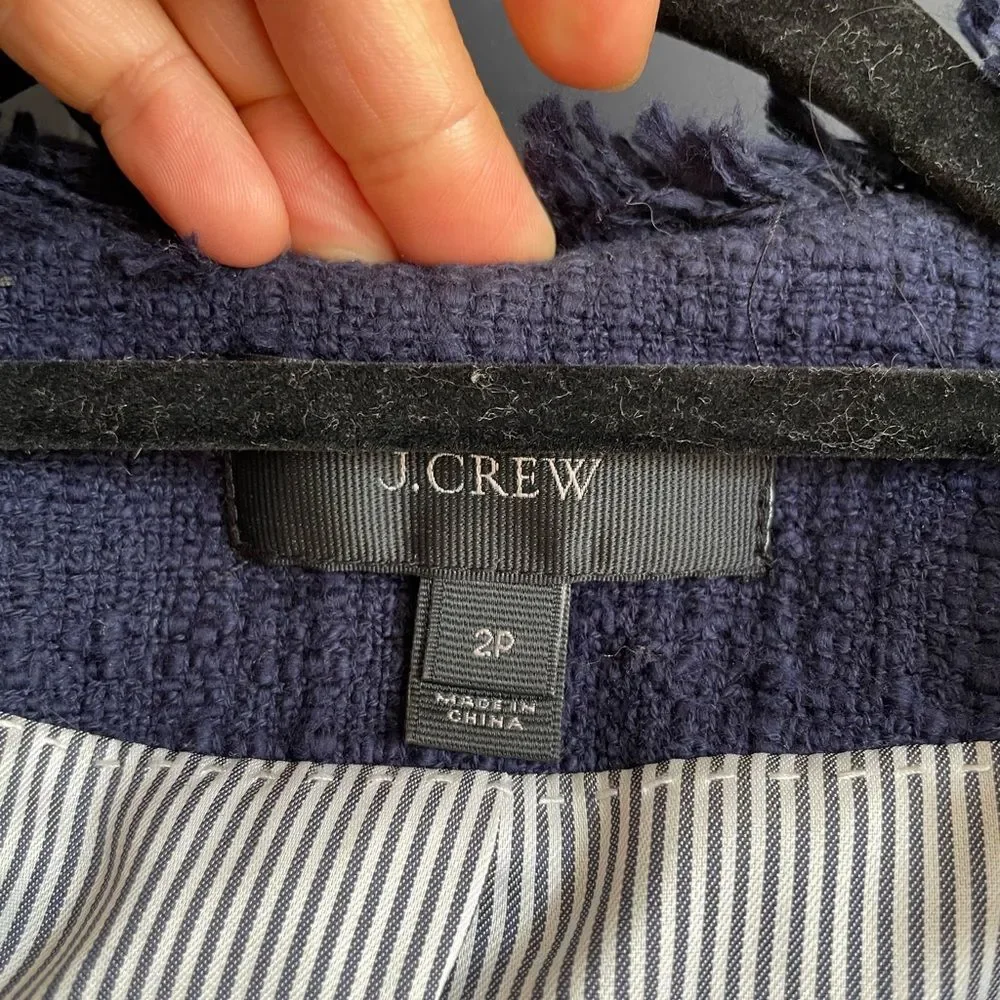 J Crew navy tweed moto-style jacket with 3/4 sleeves and frayed edges, Size 2P